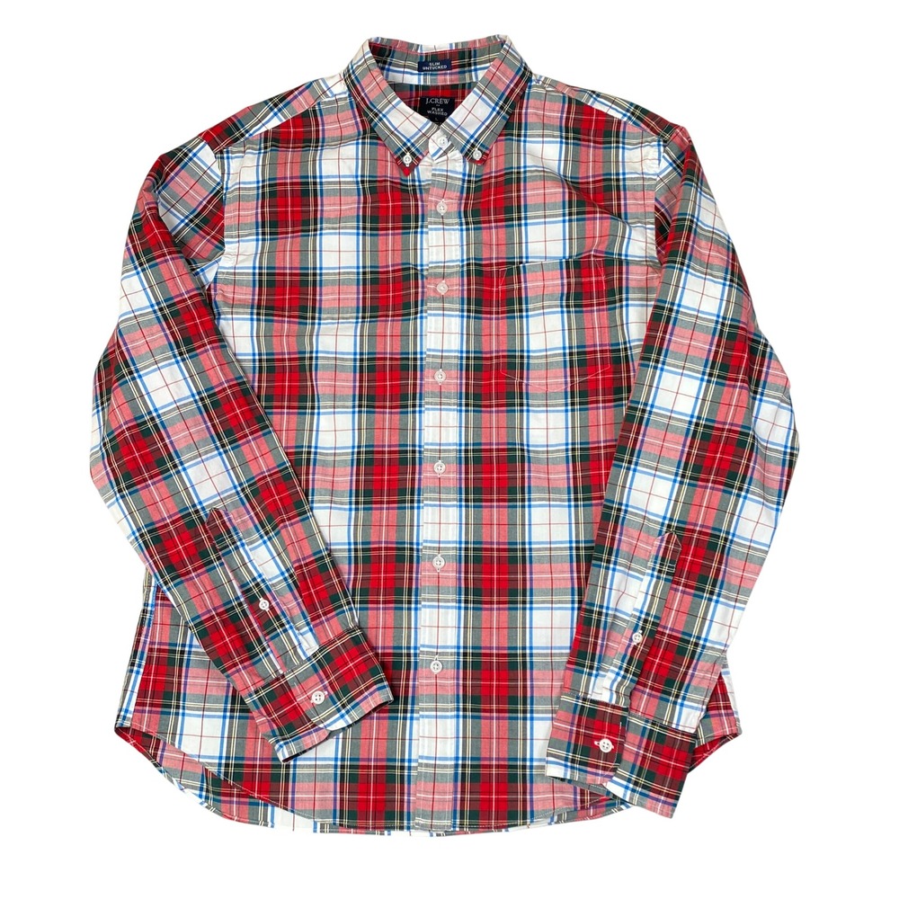 J.Crew Factory Untucked Plaid Shirt Men L Red Slim Flex Washed Button Up Holiday